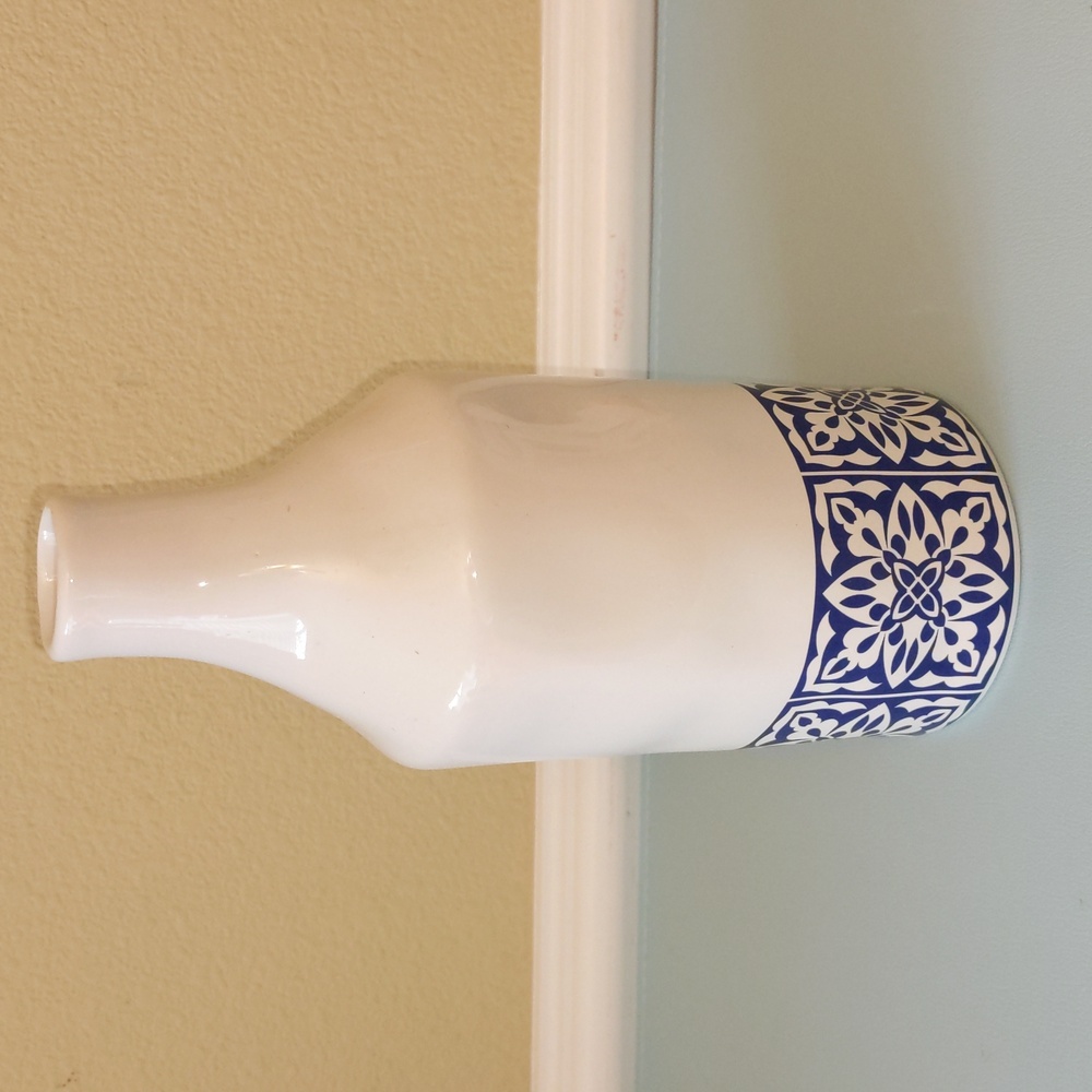 Blue White Floral Vase Geometric Square Tile Design 7.75" Ceramic Pottery Summer